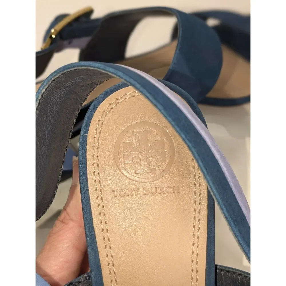 Tory Burch Teal and Light Blue Block Heel Sandals with Gold Buckle